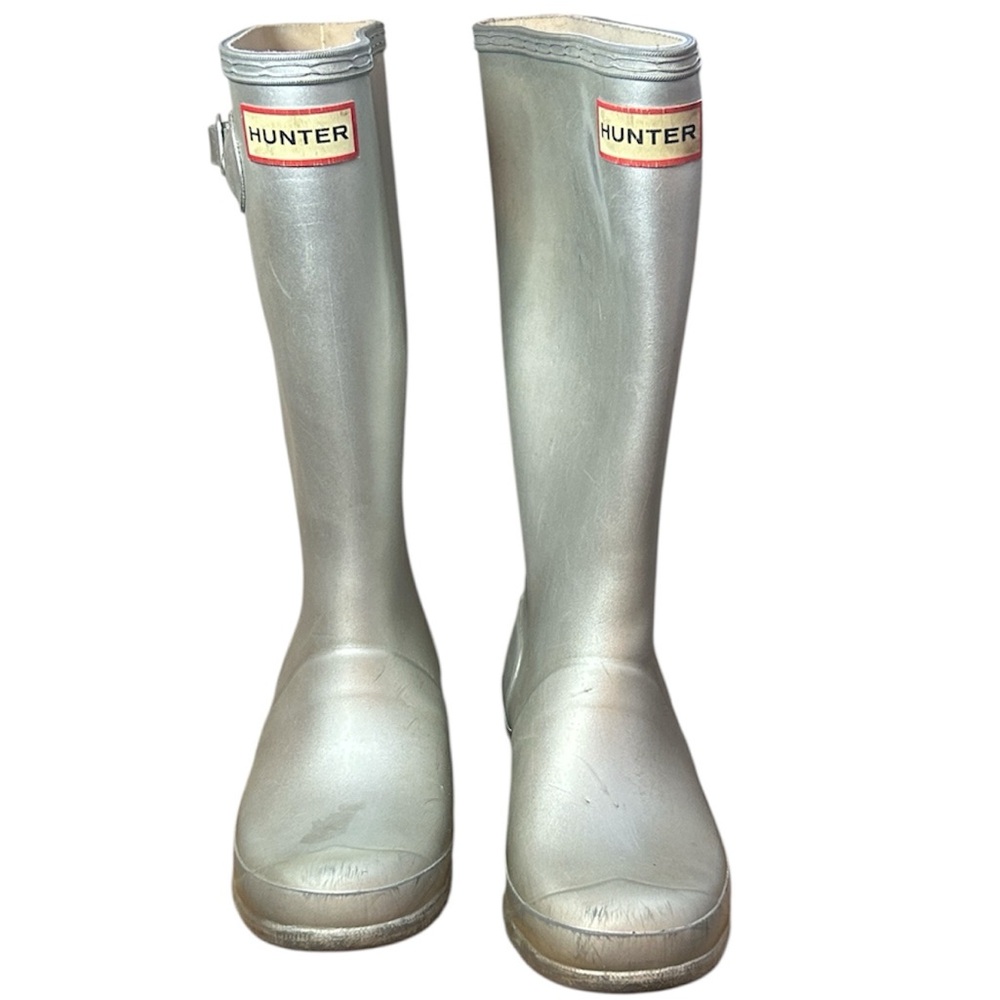 Hunter Original Tall Metallic‎ Silver Rain Boots Youth Size 4 Girls READ